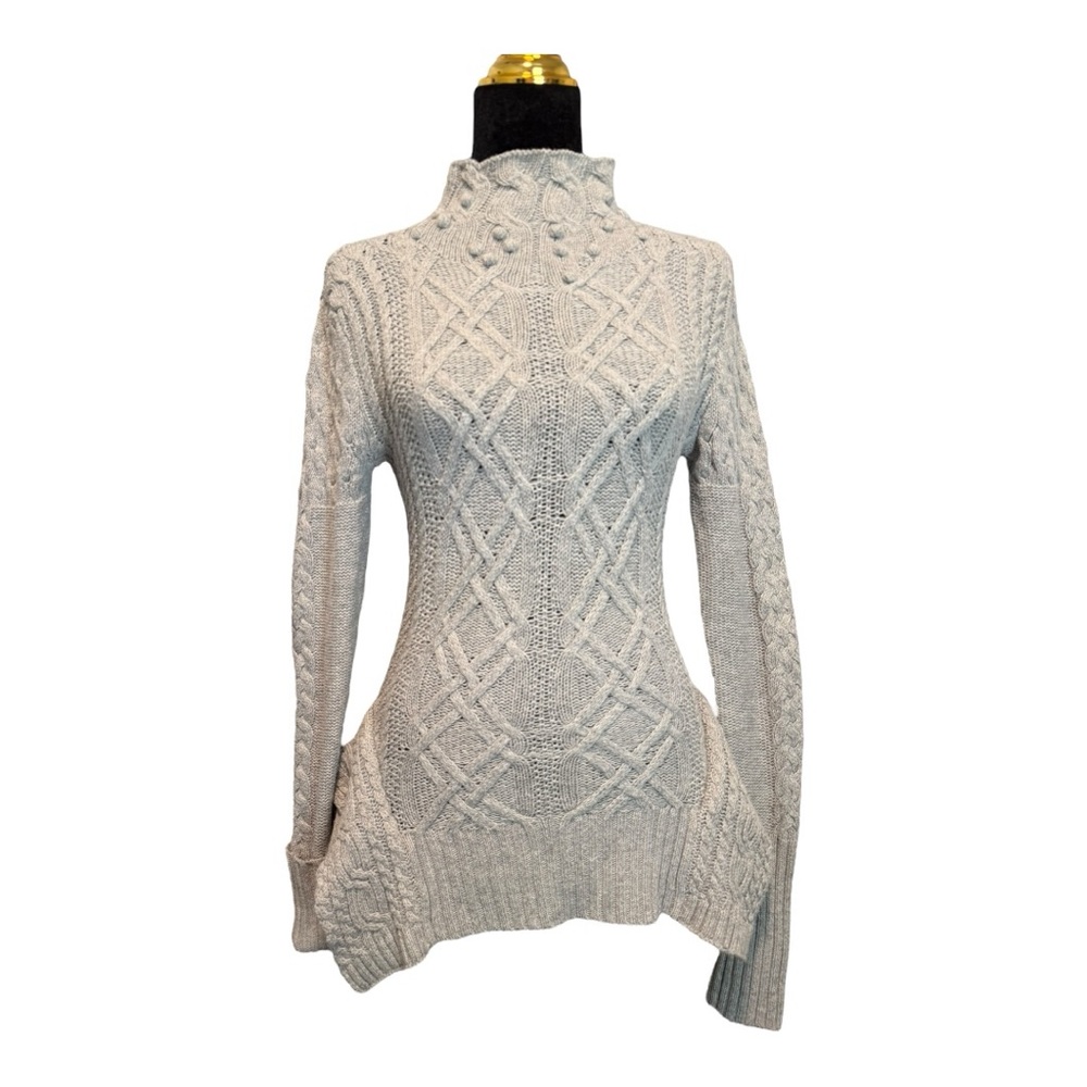 BCBGMAXAZRIA Maylin Cable Knit Sweater XS Gray Mock Turtleneck Wool Blend EUC